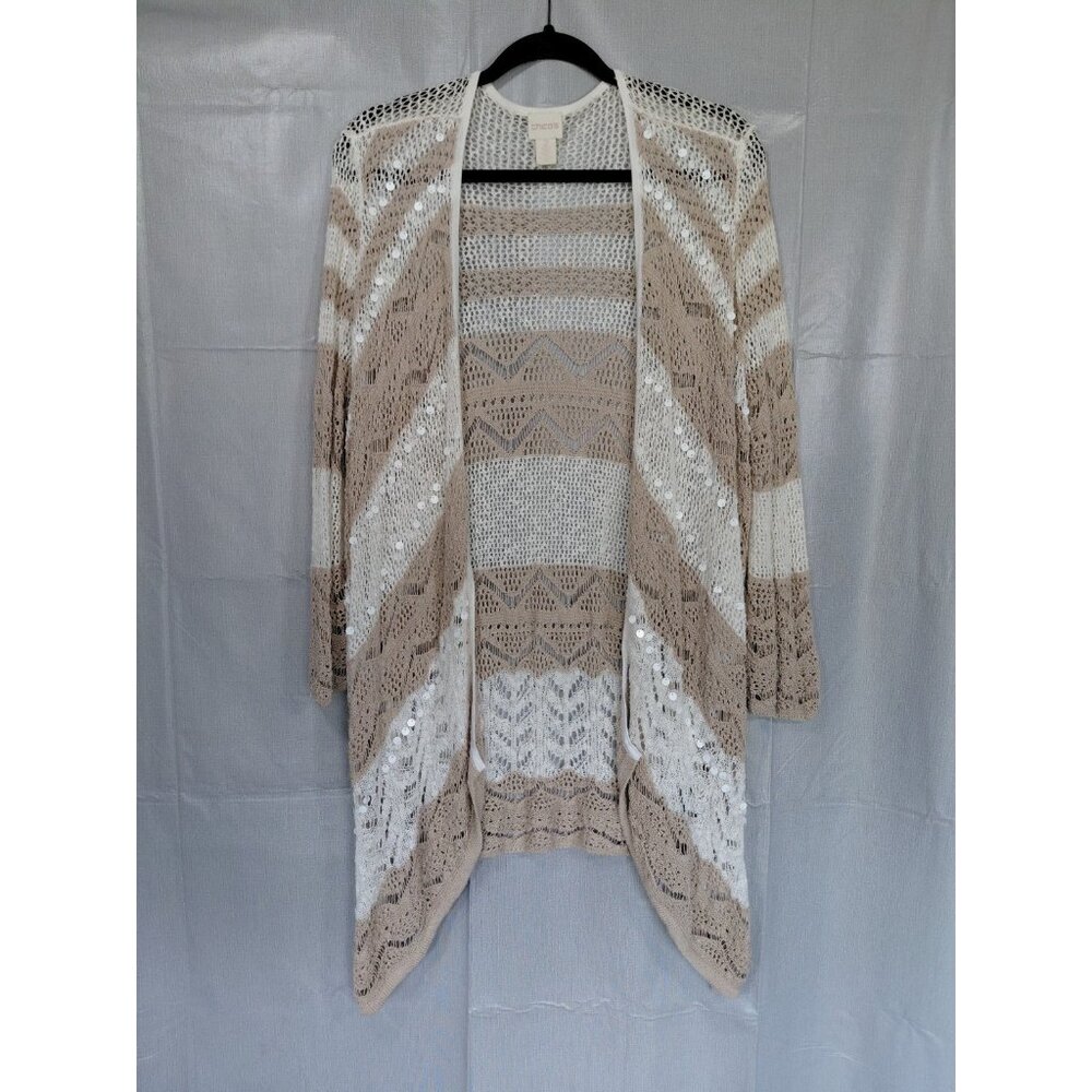 Chico's Lacey Knit Open Front Sequins Duster Cardigan LG 12‎ Tan Beach Coastal